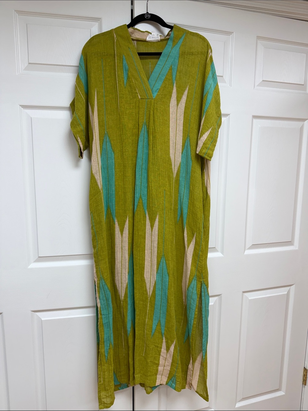 Olive Green Patterned V-Neck Maxi Dress with Teal Accents